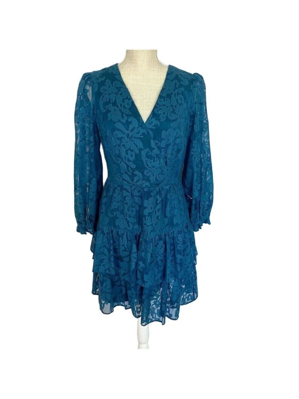 Eliza J Floral Appliqué Long Sleeve Tiered Mini Dress Blue Ruffles Women 8 NWOT